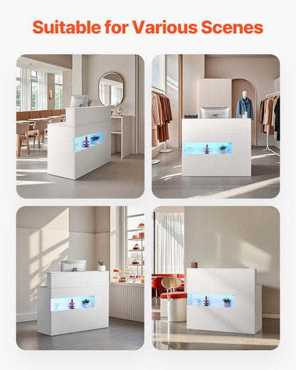 Receptionsdisk, 114 x 49 x 91 cm Rektangulärt frontbord, kontorsreceptionsdisk med LED-belysning, 2 lådor och eluttag, för kassa, lobby, skönhetssalong och kontor, vit