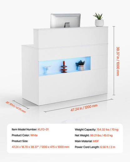 Receptionsdisk, 114 x 49 x 91 cm Rektangulärt frontbord, kontorsreceptionsdisk med LED-belysning, 2 lådor och eluttag, för kassa, lobby, skönhetssalong och kontor, vit