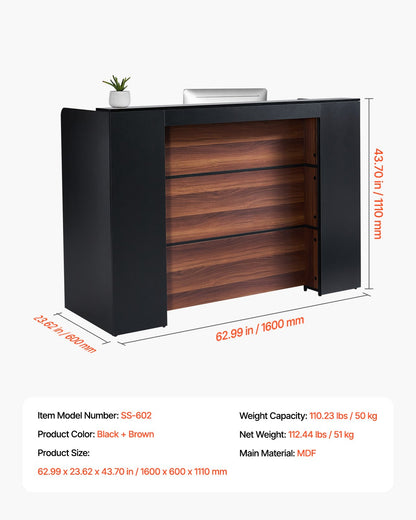 Reception Desk, 62.99 x 23.62 x 43.70 in Rectangular Front Counter Table, Office Reception Desk Front Retail Counter with LED Light, for Checkout, Lobby, Beauty Salon and Office, Black & Brown