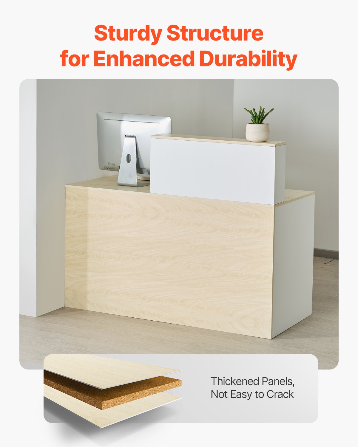 Receptionsdisk, 135 x 63 x 112 cm rektangulärt frontbord, kontorsreceptionsdisk med låsbar låda och förvaringsskåp, för kassa, lobby, skönhetssalong och kontor, trä