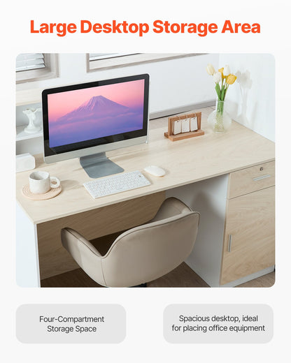 Receptionsdisk, 135 x 63 x 112 cm rektangulärt frontbord, kontorsreceptionsdisk med låsbar låda och förvaringsskåp, för kassa, lobby, skönhetssalong och kontor, trä