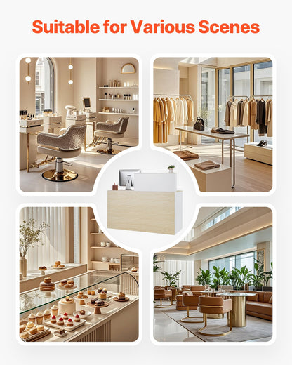 Receptionsdisk, 135 x 63 x 112 cm rektangulärt frontbord, kontorsreceptionsdisk med låsbar låda och förvaringsskåp, för kassa, lobby, skönhetssalong och kontor, trä