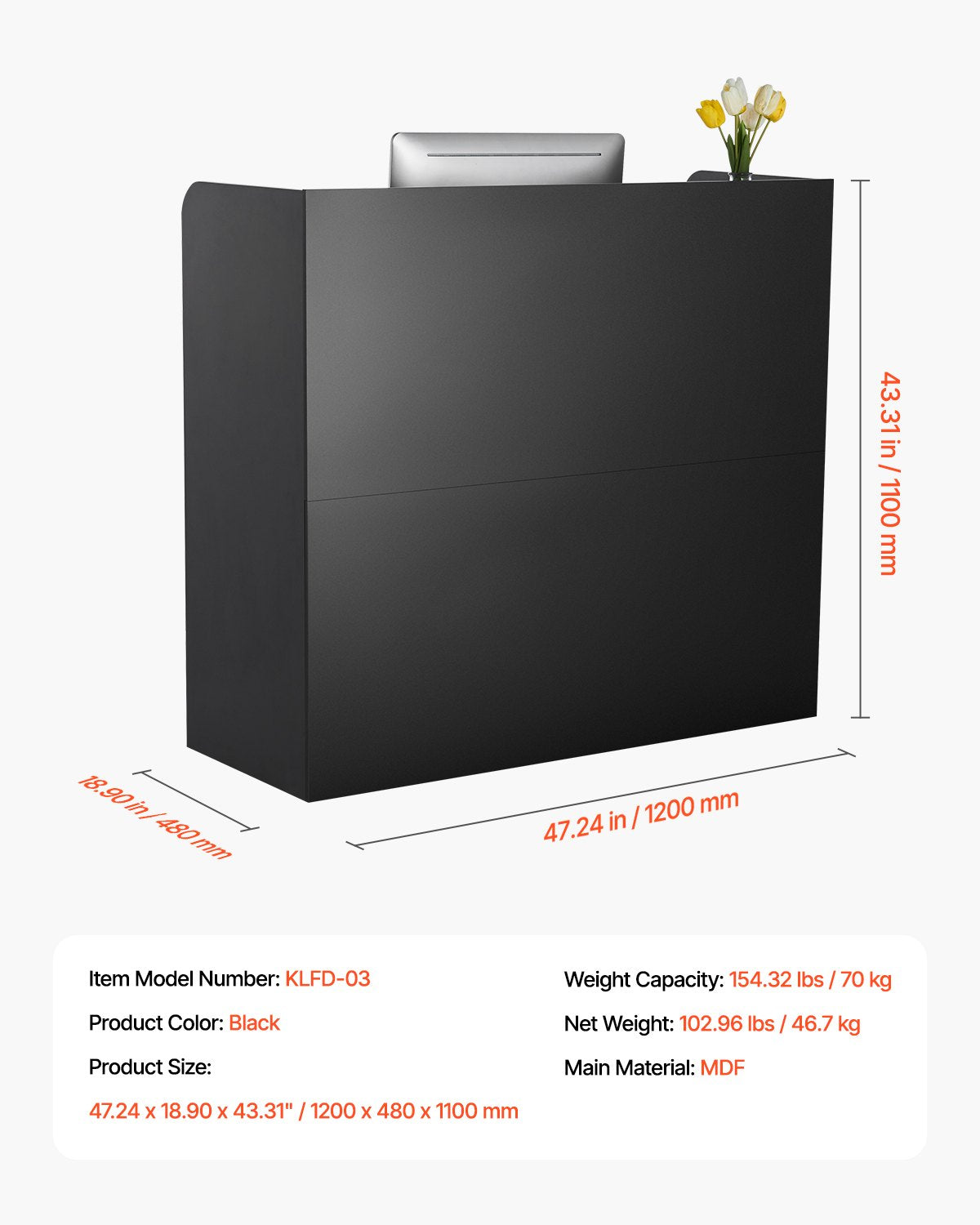 Reception Desk, 47.24 x 18.9 x 39.37 in Rectangular Front Counter Table, Office Reception Counter with Lockable Drawer and Storage Cabinet, for Checkout, Lobby, Beauty Salon and Office, Black