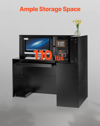 Receptionsdisk, 135 x 89 x 112 cm L-format frontbord, kontorsreceptionsdisk med lådor, tangentbordsfack och förvaringsskåp, för kassa, lobby, skönhetssalong och kontor, svart