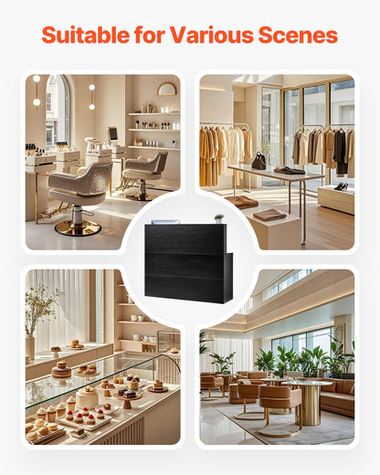 Receptionsdisk, 135 x 89 x 112 cm L-format frontbord, kontorsreceptionsdisk med lådor, tangentbordsfack och förvaringsskåp, för kassa, lobby, skönhetssalong och kontor, svart