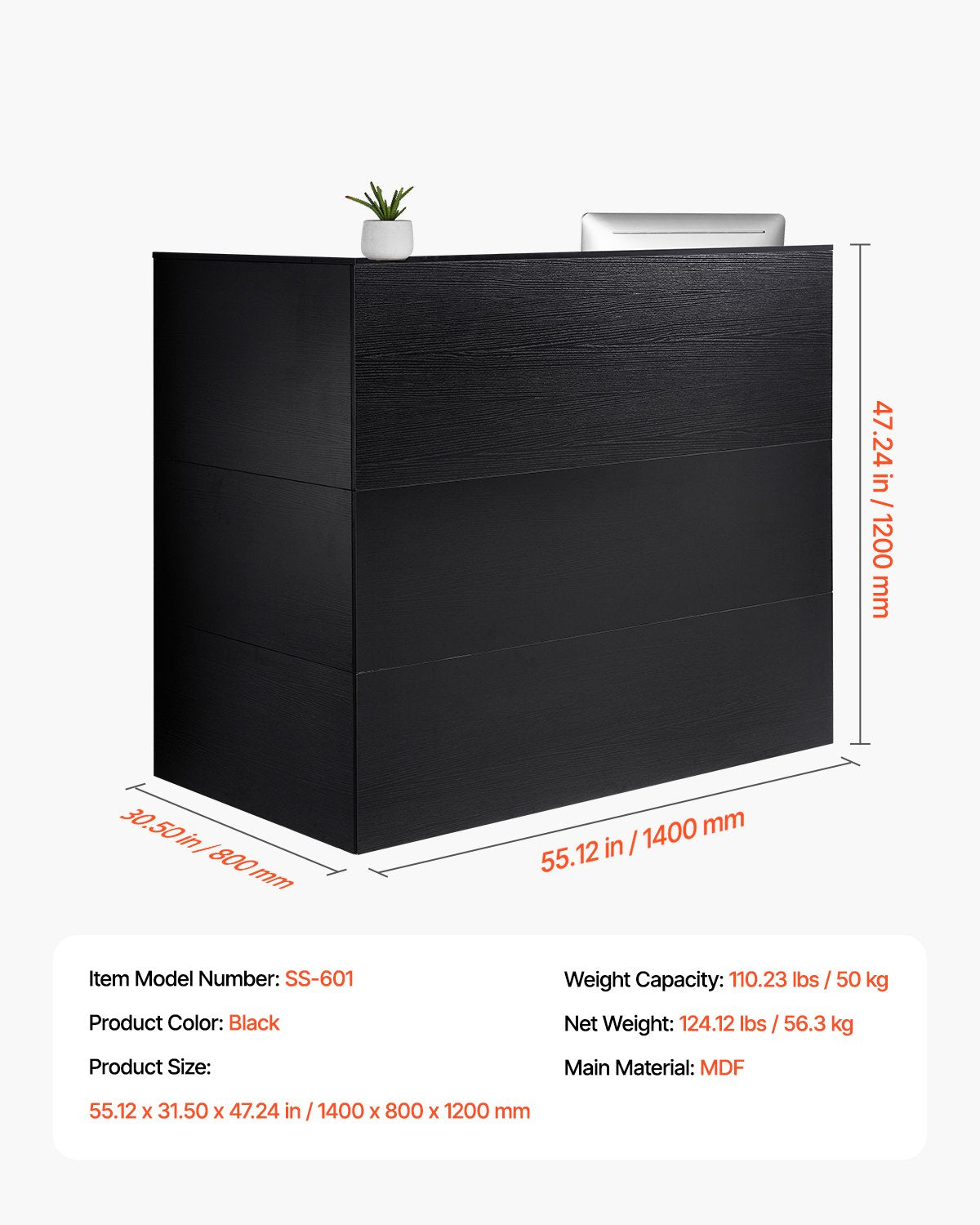 Reception Desk, 55.12 x 31.50 x 47.24 in L-Shaped Front Counter Table, Office Reception Counter with Drawer Keyboard Tray and Storage Cabinet, for Checkout, Lobby, Beauty Salon & Office, Black