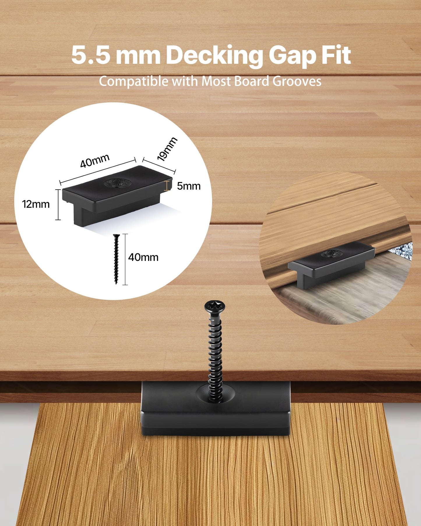 500PCS Hidden Deck Fasteners for Composite Decking Board, Universal Composite Clips & Plastic Hidden Fasteners with Metal Screws,Polypropylene PP Clips Works with 5.5 mm Gaps, Black
