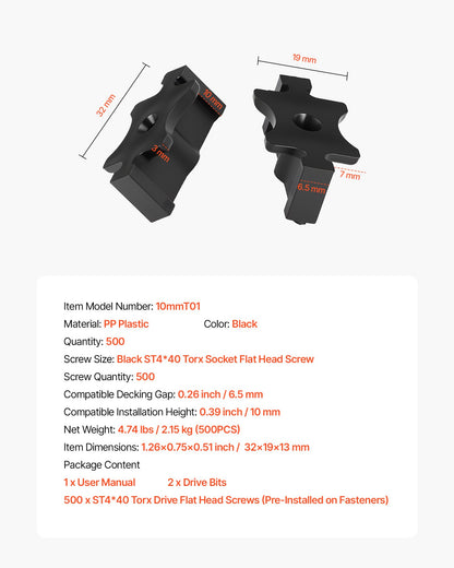 500PCS Hidden Deck Fasteners for Composite Decking Board, Universal Composite T Clips & Plastic Hidden Fasteners with Metal Screws,Polypropylene PP Clips Works with 6.5 mm Gaps, Black