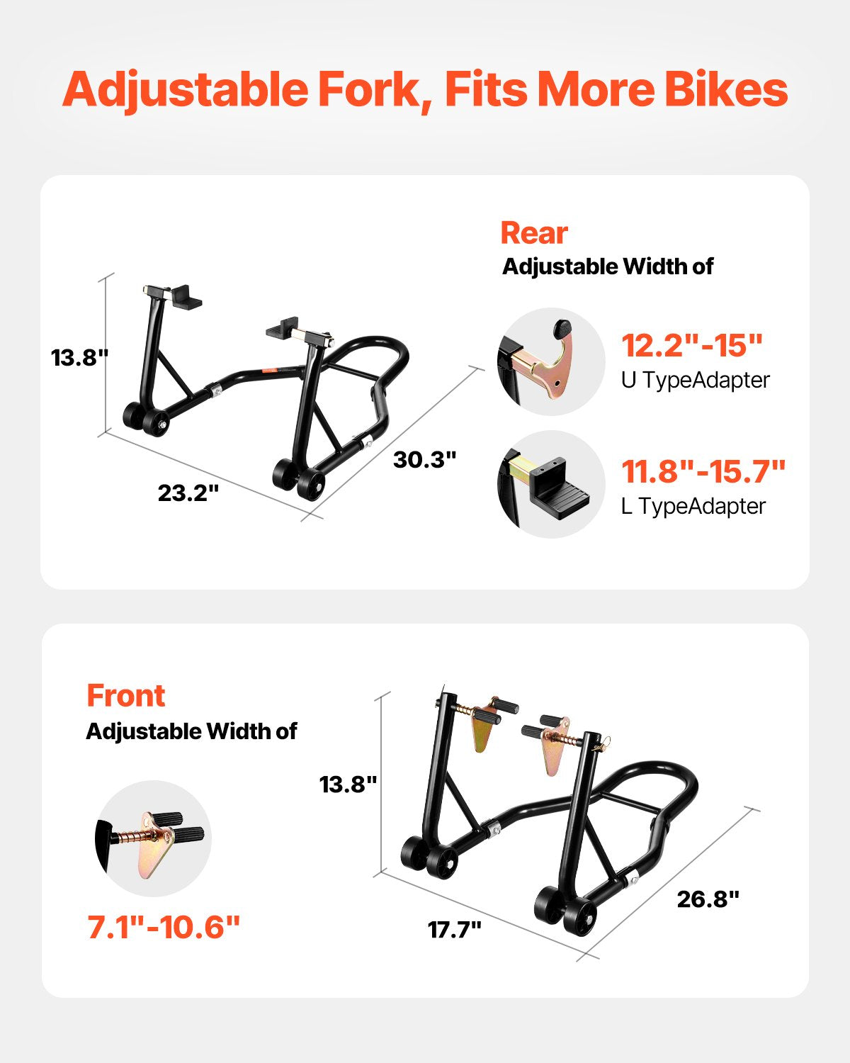 Motorcykelstödslyft, 1100lbs kapacitet fram och bak kombinerad stödslyft, framhjulsstöd med dubbelgaffel, bakre U+V gaffelsvingarmsstöd, för de flesta Yamaha Honda Kawasaki Suzuki motorcyklar, svart