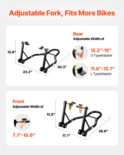 Motorcykelstödslyft, 1100lbs kapacitet fram och bak kombinerad stödslyft, framhjulsstöd med dubbelgaffel, bakre U+V gaffelsvingarmsstöd, för de flesta Yamaha Honda Kawasaki Suzuki motorcyklar, svart