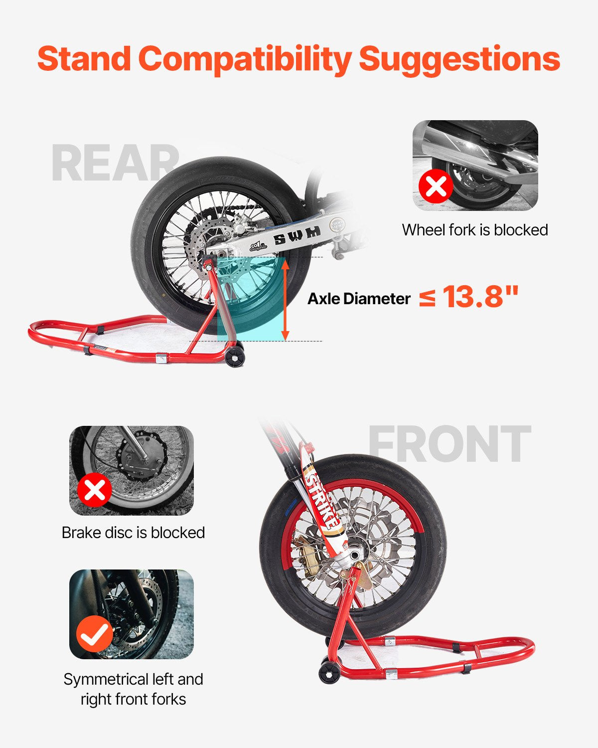 Motorcycle Stand Lift, 850lbs Capacity Front Rear Combo Stand Lift, Front Wheel Dual-Fork Stand, Rear U+L Fork Swingarm Spool Stand, for Most Yamaha Honda Kawasaki Suzuki Motorcycles, Red