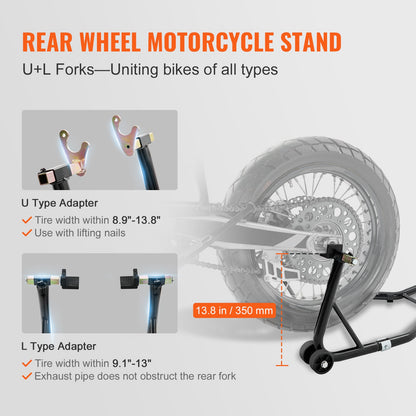 Motorcycle Stand Lift, 0.39 Tons Front Rear Combo Stand Lift Stand, Front and Rear Wheel Fork Stand, U+L Fork Swingarm Spool, Compatible with Most Yamaha Honda Kawasaki Suzuki Motorcycles, Black