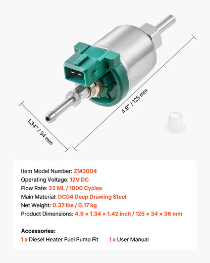 Diesel Heater Fuel Pump, 12V DC Car Air Heater Diesel Fuel Dosing Pump, 22ML Aluminum Air Diesels Parking Heaters Pumps Fits for 2KW 5KW 8KW Diesels Heaters, Quiet Design, Pulse Technology