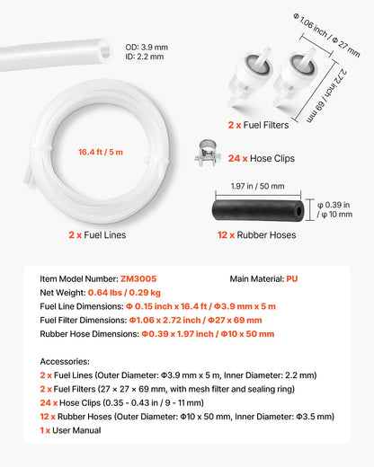 Bränsleslangssats, 5000 mm bränsleledningssats för dieselvärmare, utbytbara bränsleledningssatser för parkeringsvärmare med ledningar, filter, klämmor och slangar, tillbehör till tankdieselvärmare för 2KW, 5KW och 8KW värmare