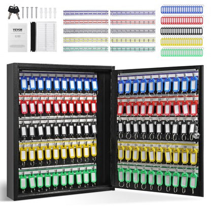 100-Key Cabinet, Key Lock Box with Adjustable Racks, Security Key Storage Box Steel, Key Organizer with 100 Colorful Key Tags and 2 Record Cards for School, Office, Hotel