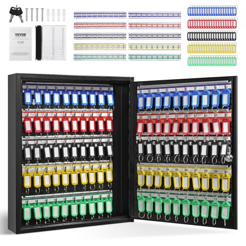 100-Key Cabinet, Key Lock Box with Adjustable Racks, Security Key Storage Box Steel, Key Organizer with 100 Colorful Key Tags and 2 Record Cards for School, Office, Hotel