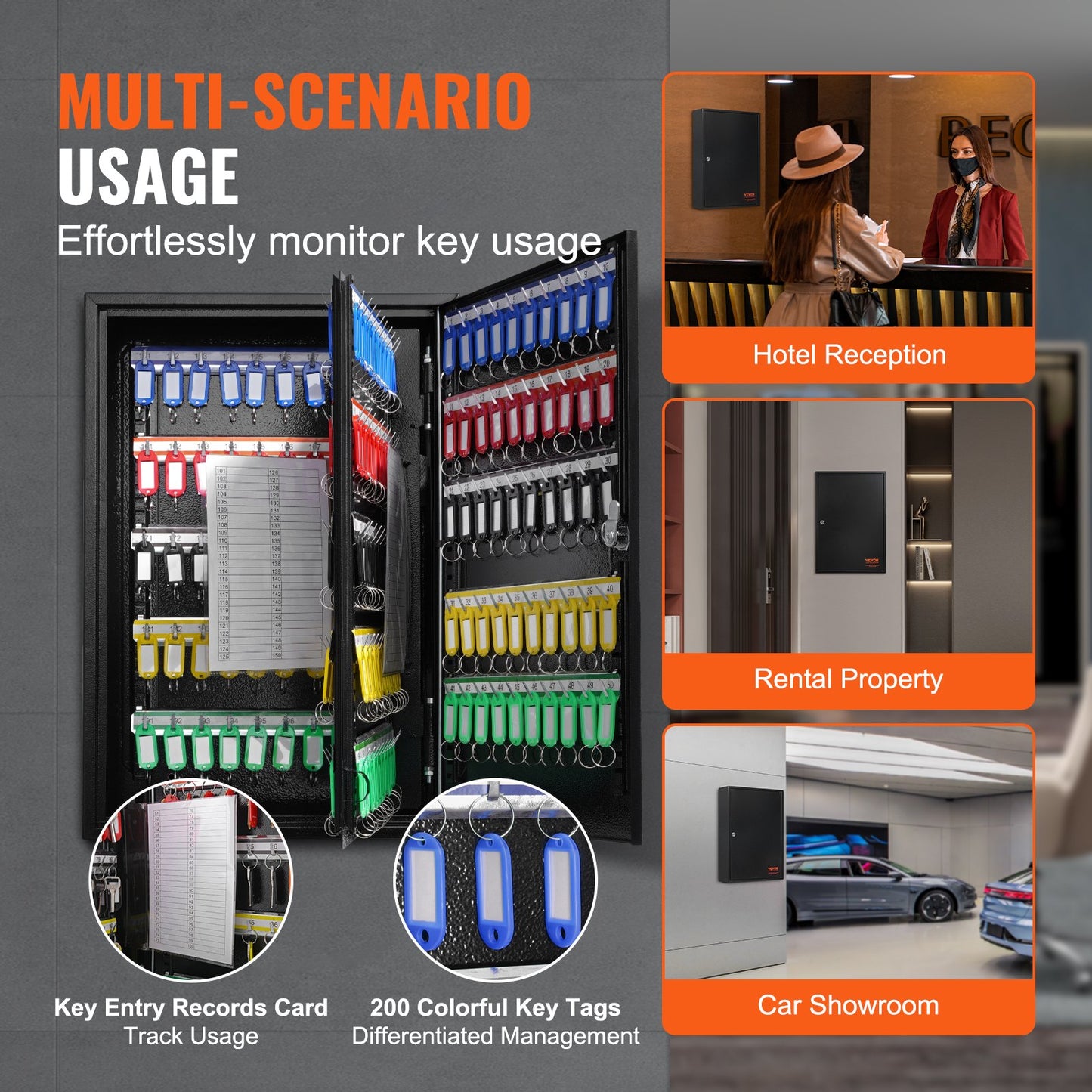 200-Key Cabinet, Key Lock Box with Adjustable Racks, Security Key Storage Box Steel, Key Organizer with 200 Colorful Key Tags and 4 Record Cards for School, Office, Hotel