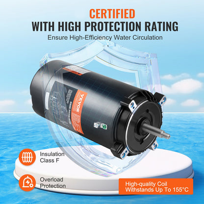 1.5 HP Pool Pump Motor, 56J Frame, 115V(13.6 Amps)/230V(6.8 Amps) 3450 RPM, 60Hz, 1.3 Service Factor, 90μF/250V Capacitor, CCW Rotation Round Flange Replacement Motor