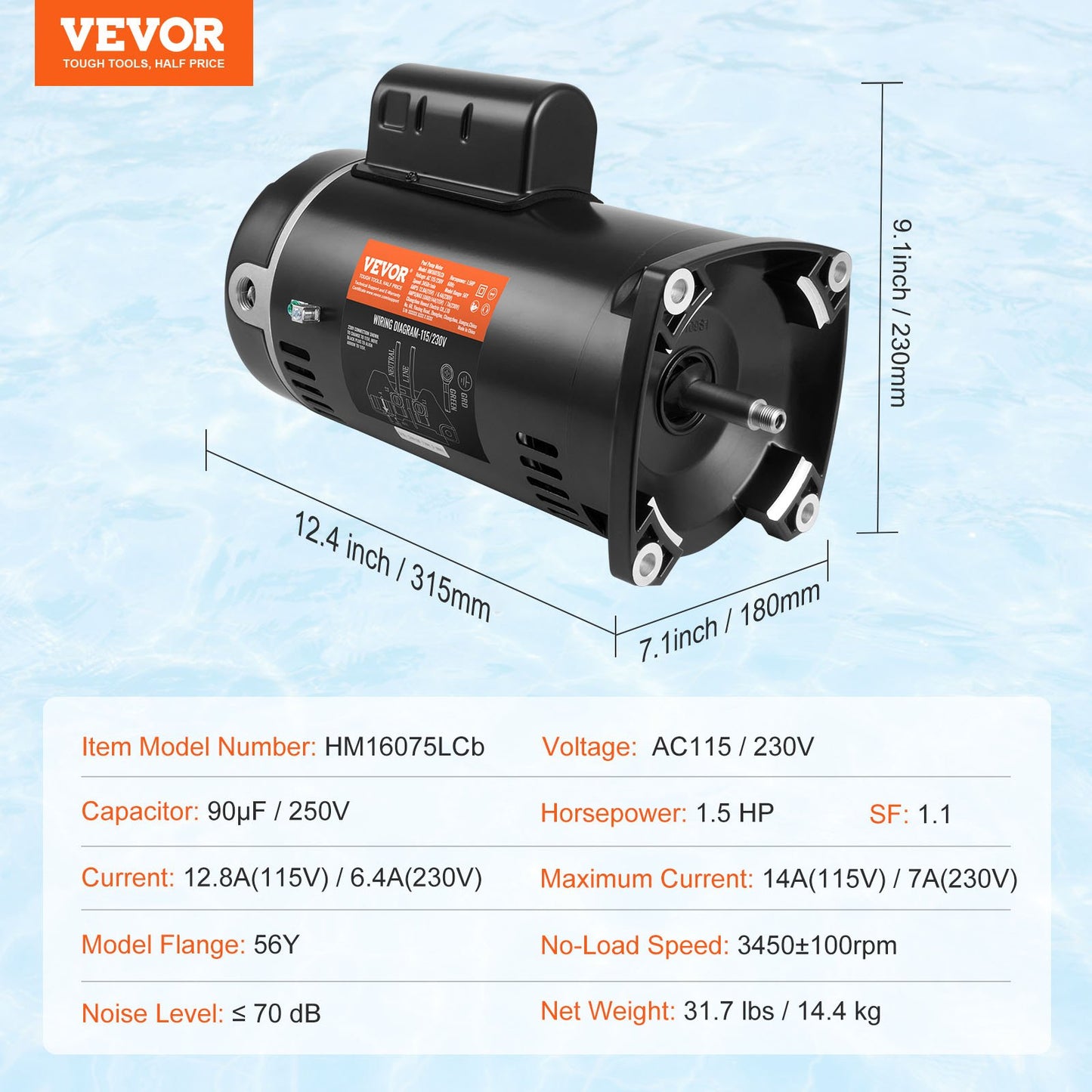 1,5 hk poolpumpmotor, 56Y-ram, 115 V (12,8 ampere))/230 V (6,4 ampere) 3450 varv/min, 60 Hz, 1,1 servicefaktor, 90 μF/250 V kondensator, utbytesmotor med fyrkantig fläns och moturs rotation