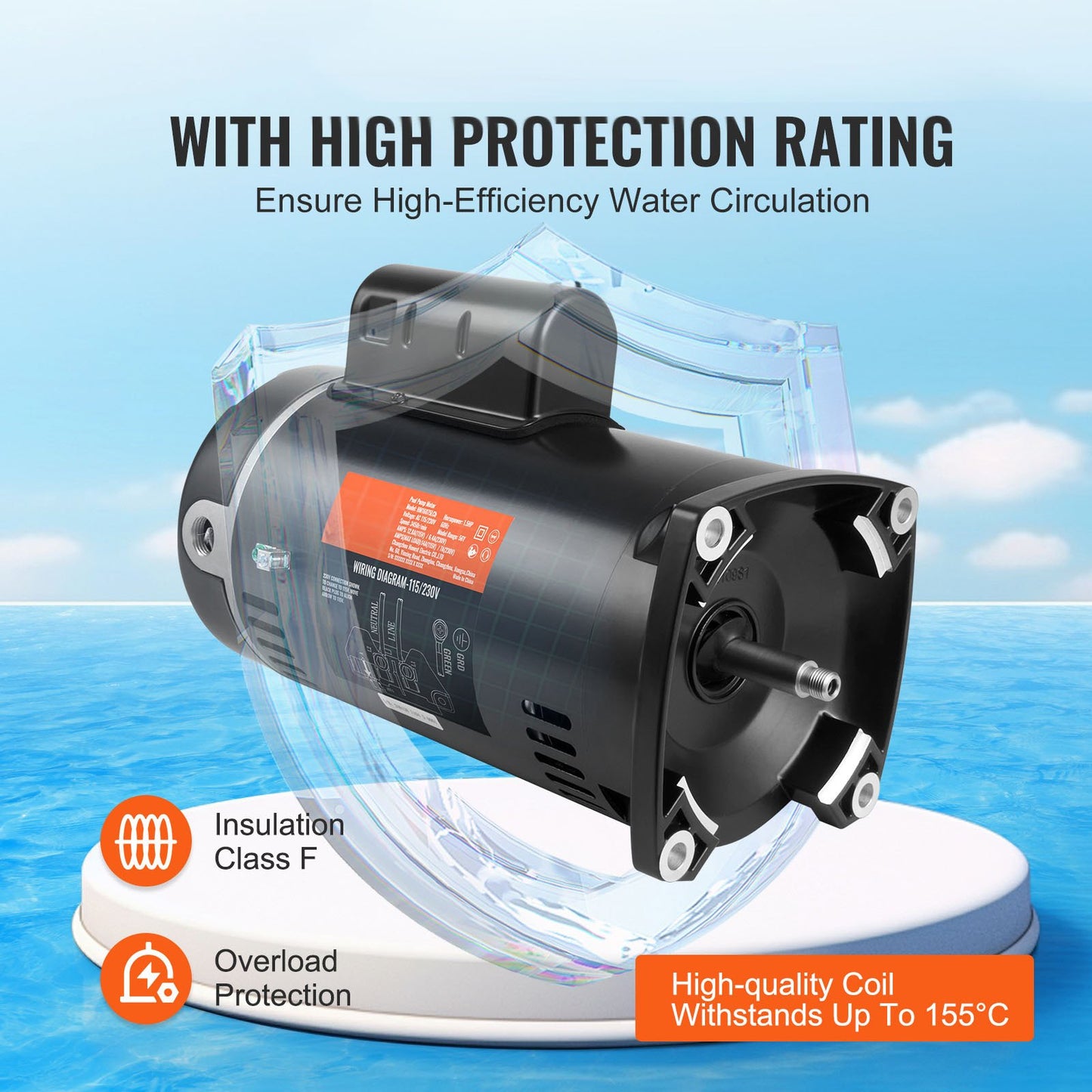 1 HP Pool Pump Motor, 56Y Frame, 115V(9 Amps)/230V(4.5 Amps) 3450RPM, 60Hz, 1.25 Service Factor, 90μF/250V Capacitor, CCW Rotation Square Flange Replacement Motor