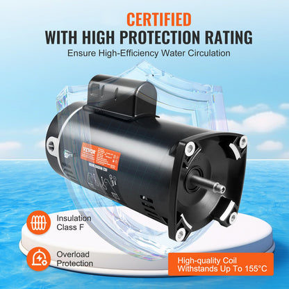 2 HP Pool Pump Motor, 56Y Frame, 230V (7.8 Amps) 3450 RPM, 60Hz, 1.3 Service Factor, 50μF/250V Capacitor, CCW Rotation Square Flange Replacement Motor