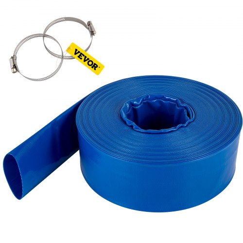 Discharge Hose, 5.1 x 3200.4 cm, PVC Fabric Lay Flat Hose, Heavy Duty Backwash Drain Hose with Clamps, Weather-proof & Burst-proof, Ideal for Swimming Pool & Water Transfer, Blue