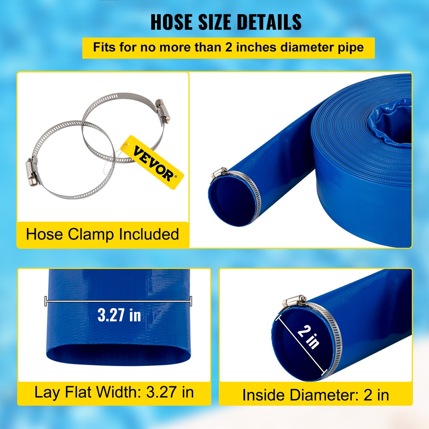 Discharge Hose, 5.1 x 3200.4 cm, PVC Fabric Lay Flat Hose, Heavy Duty Backwash Drain Hose with Clamps, Weather-proof & Burst-proof, Ideal for Swimming Pool & Water Transfer, Blue