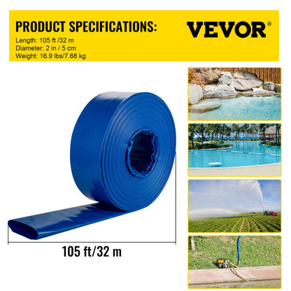Discharge Hose, 5.1 x 3200.4 cm, PVC Fabric Lay Flat Hose, Heavy Duty Backwash Drain Hose with Clamps, Weather-proof & Burst-proof, Ideal for Swimming Pool & Water Transfer, Blue