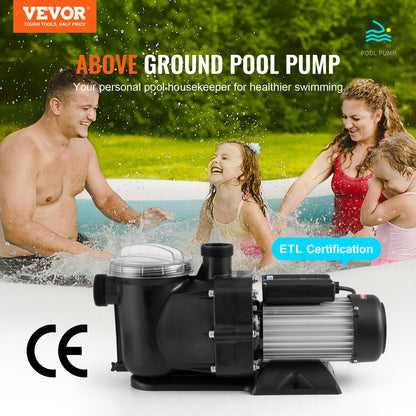 Ovanmarkspump för pool, 1118 W (1,5 hk), 378 l/min (100 gpm) max. flöde, poolpump med en hastighet, 220 V 2850 varv/min 15 m, max. lyfthöjd och filterkorg, för ovanmarkspooler, bubbelpooler och spabad, UL-certifierad