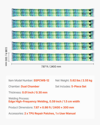 Pool Cover Water Bags, 5 Packs 2400mm, Double Chamber Pool Cover Water Tubes with Reflective Strips, 0.3mm Thick PVC Bags Weights with Leakproof Screw Cap, for Winter Swimming-Pool Covers