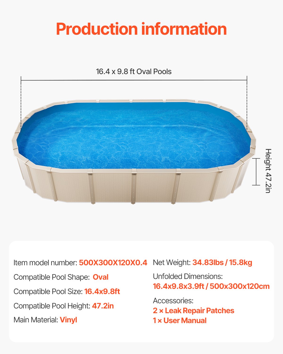 Oval Pool Liner, 16.4 x 9.8 ft Pool Liner, Uinbead Style, Durable Vinyl Pool Liner, Standard Gauge, 47in Wall Height, Pool Liner Replacement for Steel Sided Above-Ground Swimming Pools