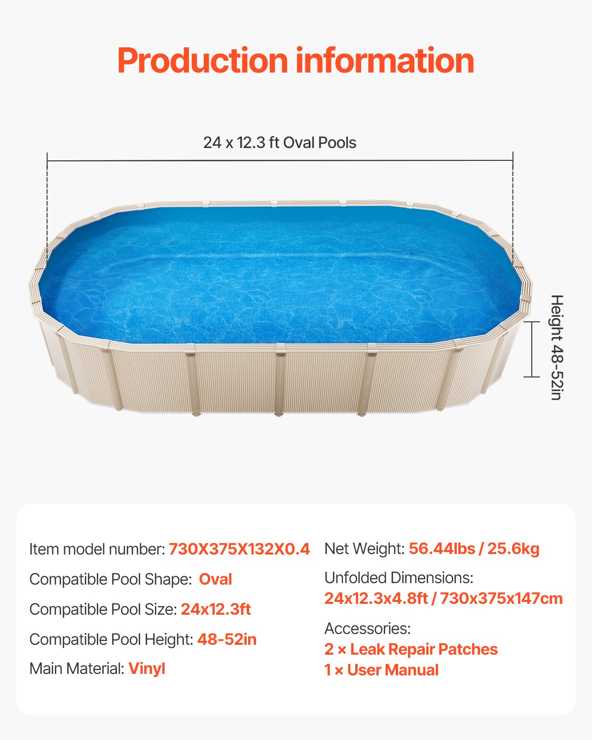 Oval Pool Liner, 24 x 12.3 ft, Swimming Pool Liner, Standard Gauge, Durable Vinyl Pool Liner, Overlap Style, Pool Liner Replacement for 52in Wall Height Above Ground Swimming Pool, Solid Color