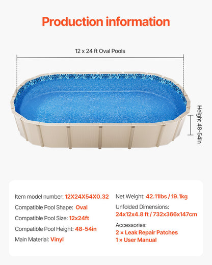 12 x 24 ft Oval Pool Liner, Overlap Style Above Ground Pool Liners, 48-to-54inch Wall Height, Durable Pool Liner, Standard Gauge Vinyl, for Steel Sided Above-Ground Swimming Pools