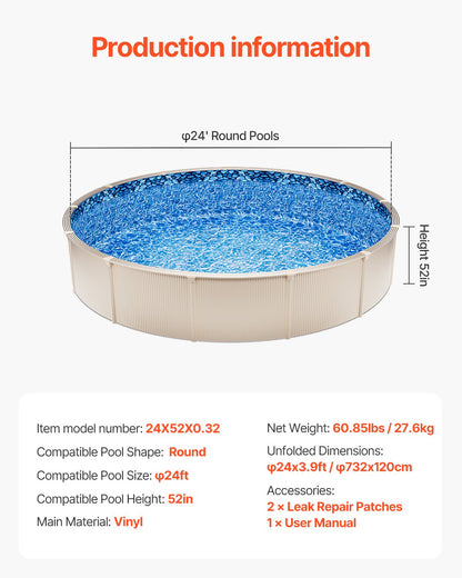 24-ft Round Above Ground Pool Liner, Unibead Pool Liners, Standard Gauge, 52inch Wall Height, Designed for Steel Sided Above-Ground Swimming Pools