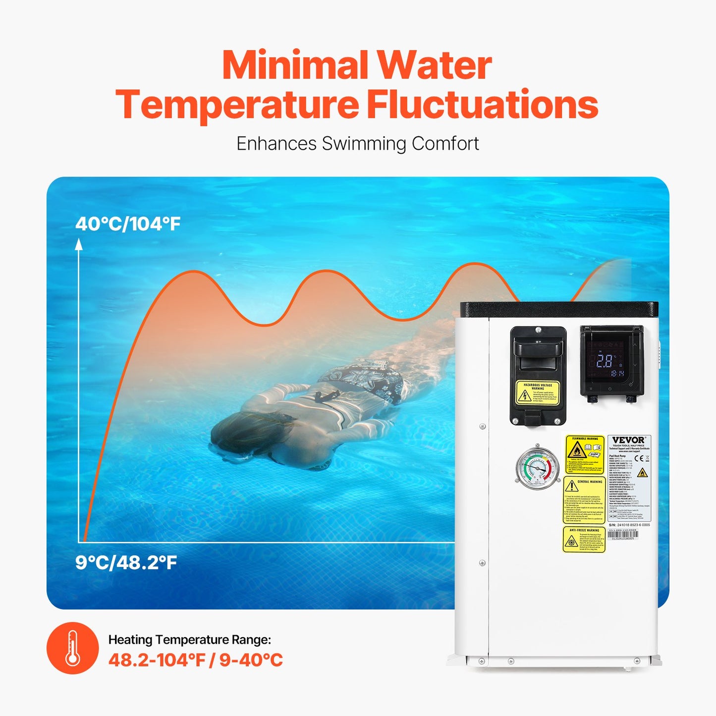 Electric Pool Heat Pump, 2.51-11.38kW Heating Capacity, Energy-Saving Variable Frequency Pool Heaters for 25-50m³Above Ground Pools, Heating and Cooling Pool Water Heater AC220-240V 50Hz