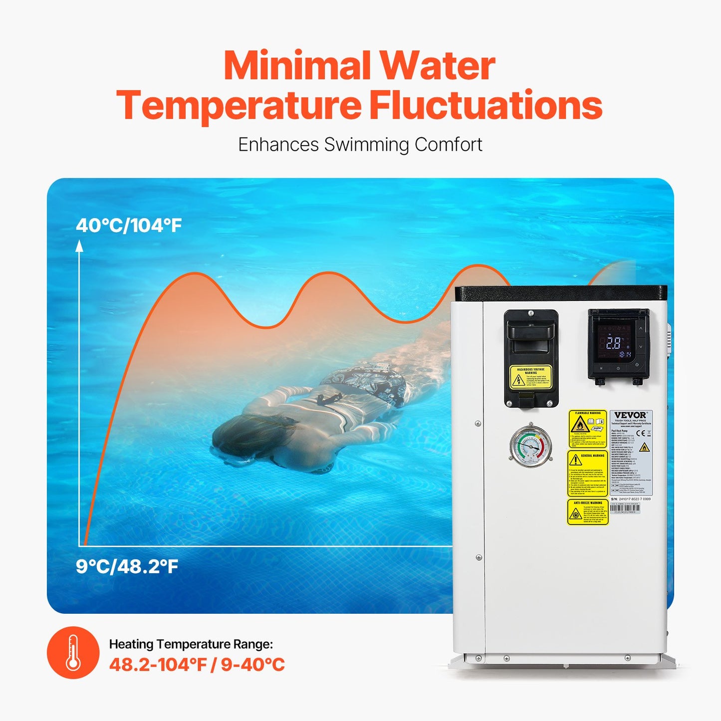 Electric Pool Heat Pump, 3.22-15.25kW Heating Capacity, Energy-Saving Variable Frequency Pool Heaters for 30-60m³Above Ground Pools, Heating and Cooling Pool Water Heater AC220-240V 50Hz