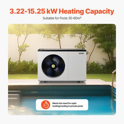 Electric Pool Heat Pump, 3.22-15.25kW Heating Capacity, Energy-Saving Variable Frequency Pool Heaters for 30-60m³Above Ground Pools, Heating and Cooling Pool Water Heater AC220-240V 50Hz