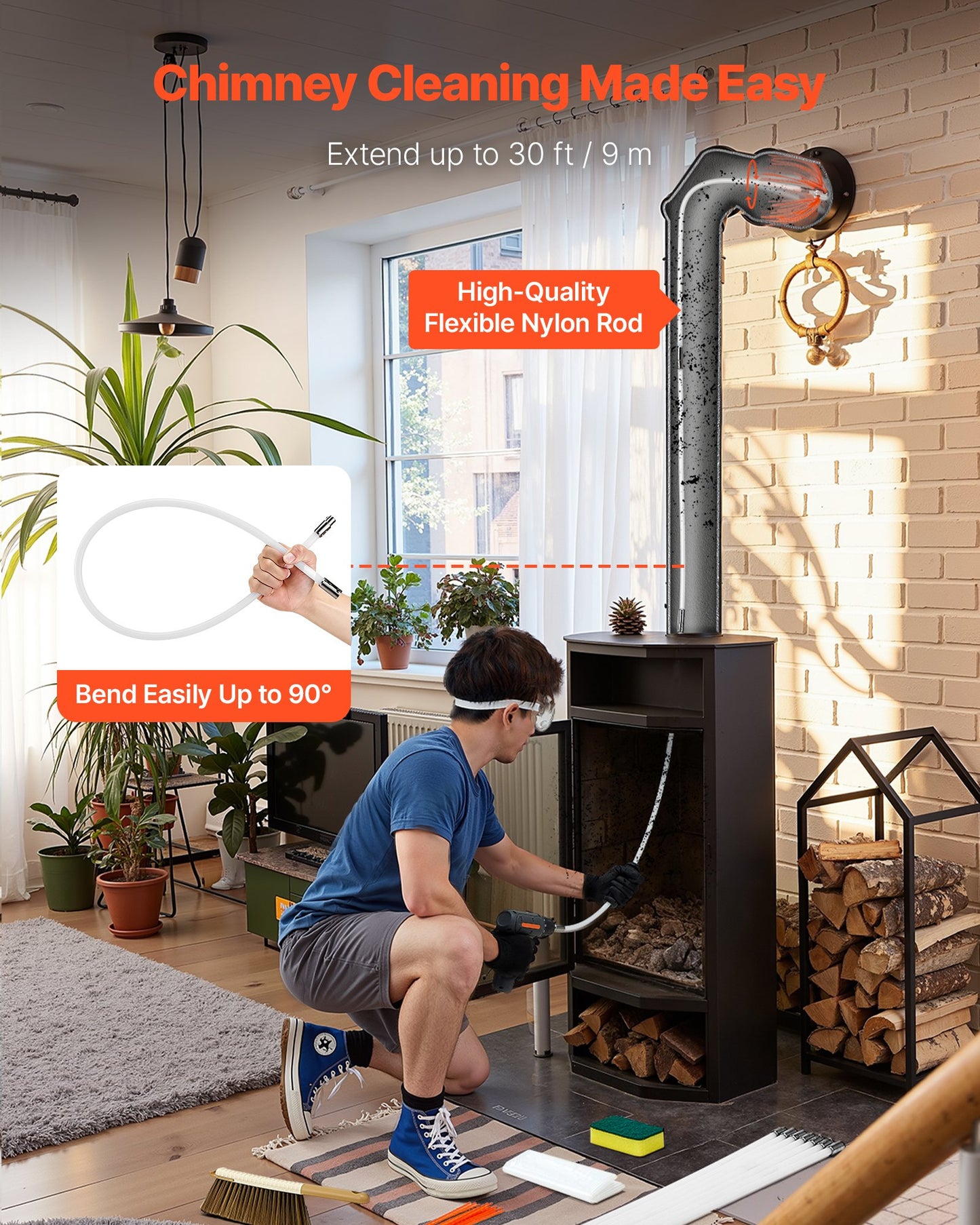 Sotarsats, 9 m maximal utdragbar skorstenssotare, skorstensrengöringsats med borstbyten och skyddsglasögon, 90° böjbart eldstadsrengöringsverktyg, för fyrkantiga, rektangulära skorstenar