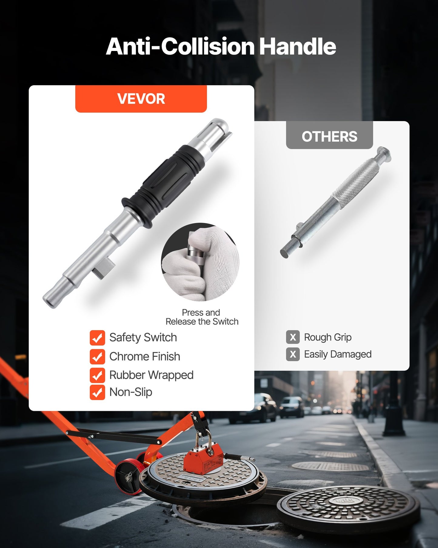 Magnetic Lid Lifter Dolly, 600 kg Pulling Capacity, Steel Dolly with Heavy Duty Magnet Lift and 2 Wheels, Adjustable Handle, N42 Neodymium, Foldable and Portable, for Lifting Manhole Covers