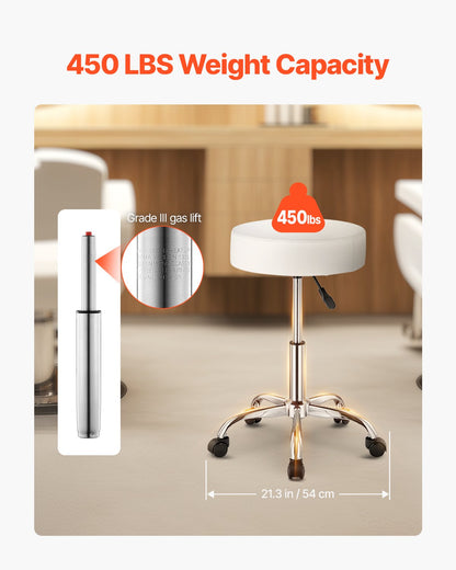 Rolling Stool with Wheels, 450 LBS Weight Capacity Round Rolling Stool Chair, Height Adjustable Thickened PU Leather Swivel Stool for Salon, Spa, Massage, Tattoo, Clinic, White