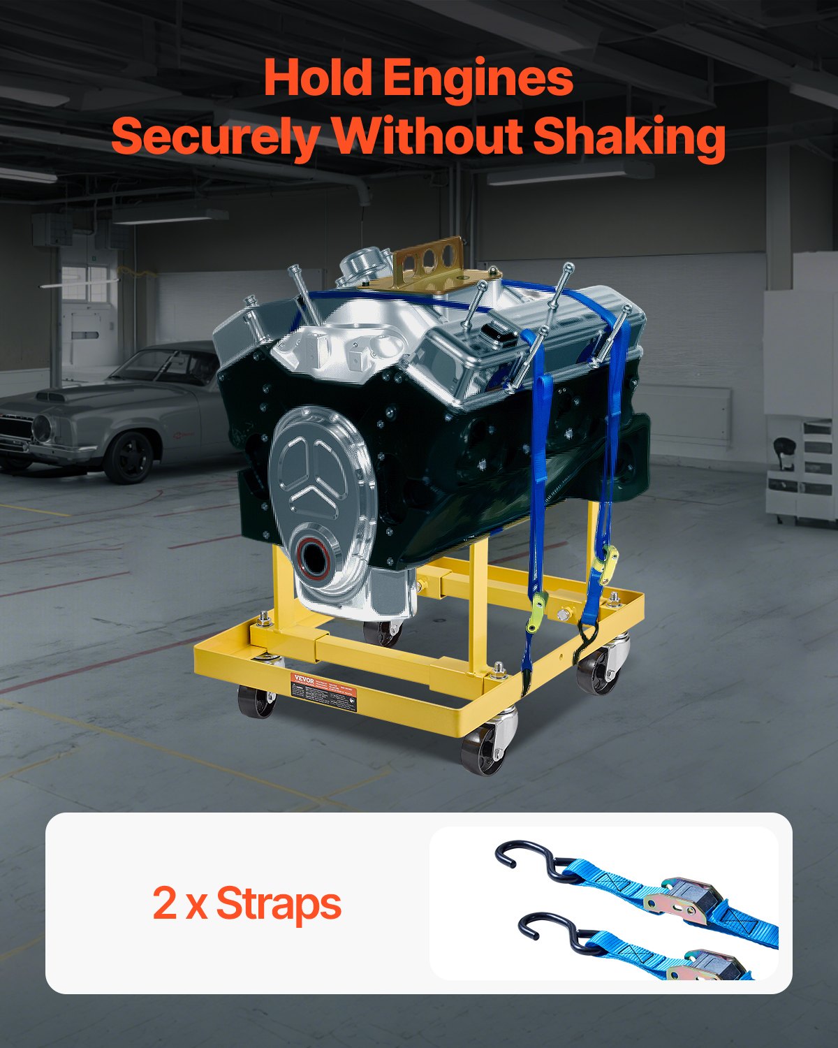 Engine Stand, 750 LBS (340KG) Load Capacity Engine Motor Stand with Adjustable Width & Length, Heavy-Duty Steel Motor Holder with 4 Swivel Casters and 2 Ratchet Straps, Suitable for Most Engines