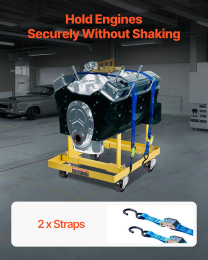 Engine Stand, 750 LBS (340KG) Load Capacity Engine Motor Stand with Adjustable Width & Length, Heavy-Duty Steel Motor Holder with 4 Swivel Casters and 2 Ratchet Straps, Suitable for Most Engines