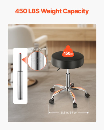 Rullpall med hjul, 450 LBS viktkapacitet rund rullpallstol, höjdjusterbar förtjockad PU-läder snurrpall för salong, spa, massage, tatuering, klinik, svart