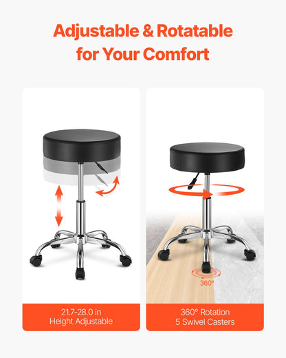 Rullpall med hjul, 450 LBS viktkapacitet rund rullpallstol, höjdjusterbar förtjockad PU-läder snurrpall för salong, spa, massage, tatuering, klinik, svart