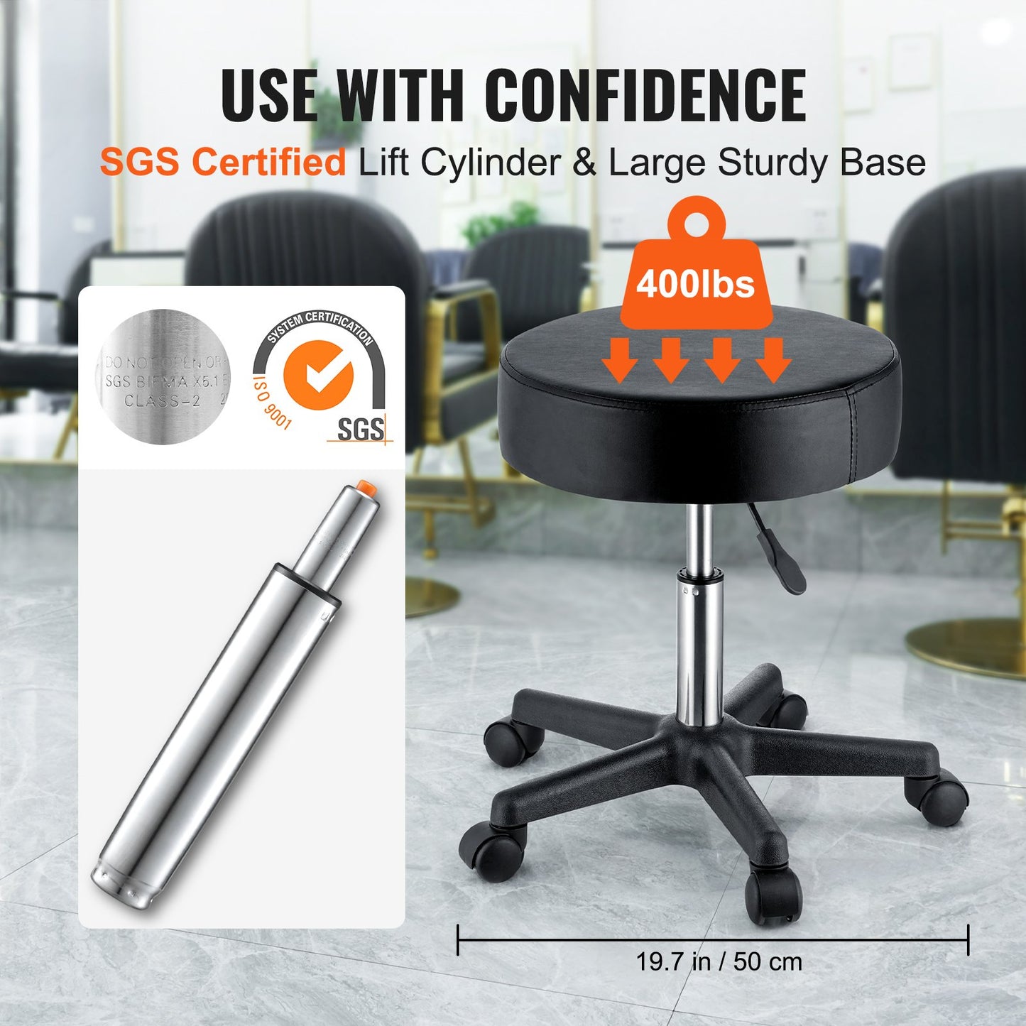 Rolling Stools with Wheels, 181.4 kg Weight Capacity Adjustable Height Stool with Ultra-Thick Seat Cushion, Swivel Stools Chair for Salon, Bar, Home, Office, Tatoo, Medical, Massage, Black