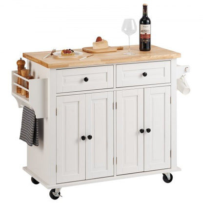 Kitchen Island Cart with Solid Wood Top, 90 cm Width Mobile Carts with Storage Cabinet, Rolling Kitchen Table with Spice Rack, Towel Rack, and Drawer, Portable Islands on Wheels, White