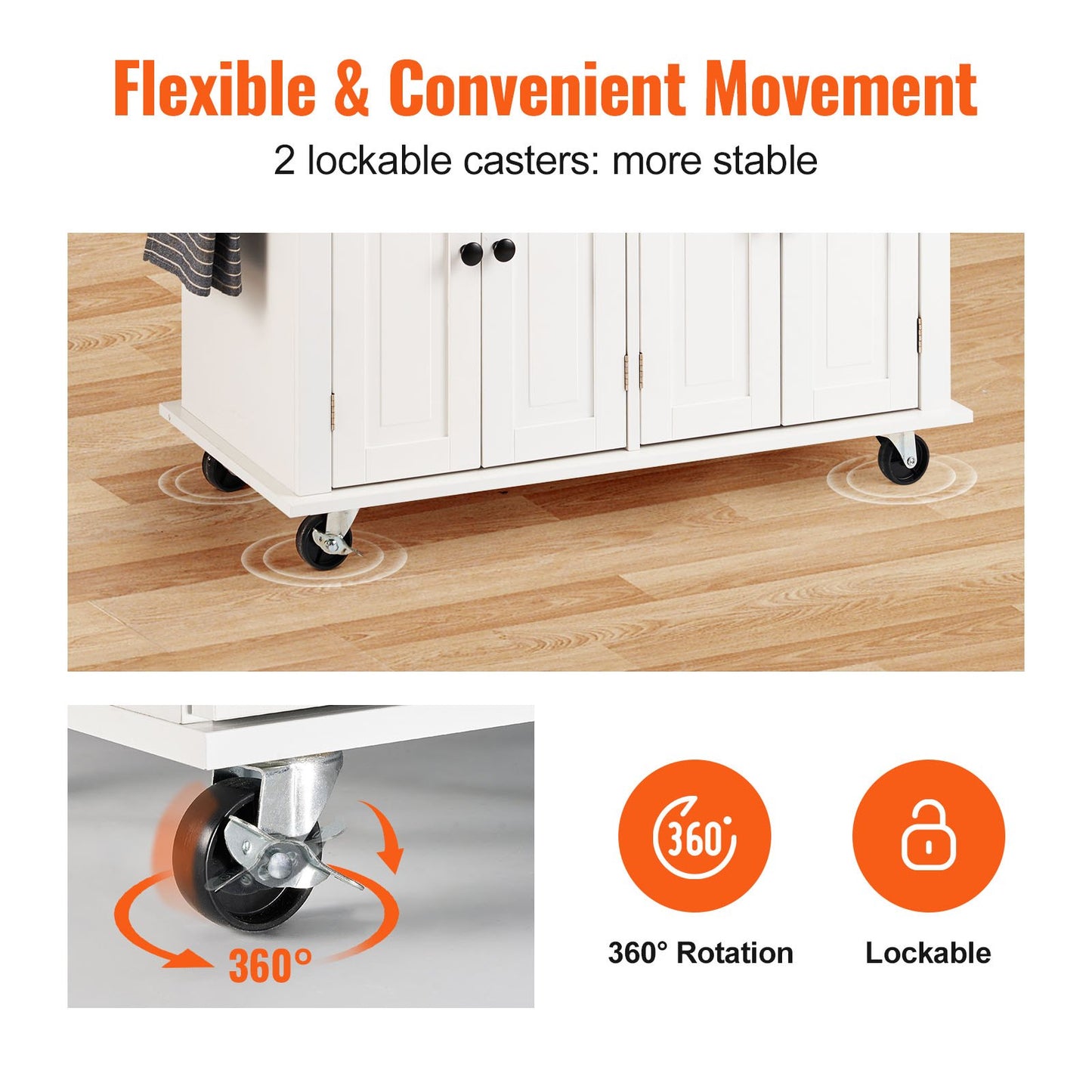 Kitchen Island Cart with Solid Wood Top, 90 cm Width Mobile Carts with Storage Cabinet, Rolling Kitchen Table with Spice Rack, Towel Rack, and Drawer, Portable Islands on Wheels, White