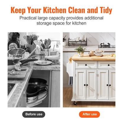 Kitchen Island Cart with Solid Wood Top, 90 cm Width Mobile Carts with Storage Cabinet, Rolling Kitchen Table with Spice Rack, Towel Rack, and Drawer, Portable Islands on Wheels, White