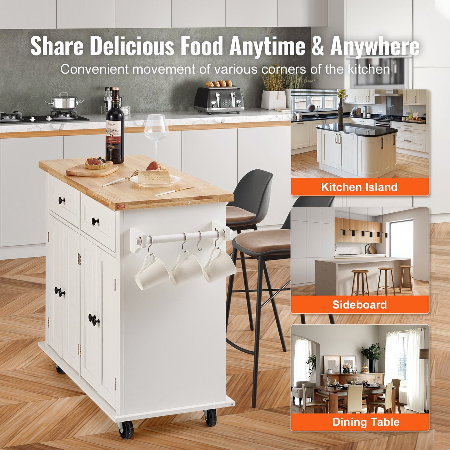 Kitchen Island Cart with Solid Wood Top, 90 cm Width Mobile Carts with Storage Cabinet, Rolling Kitchen Table with Spice Rack, Towel Rack, and Drawer, Portable Islands on Wheels, White