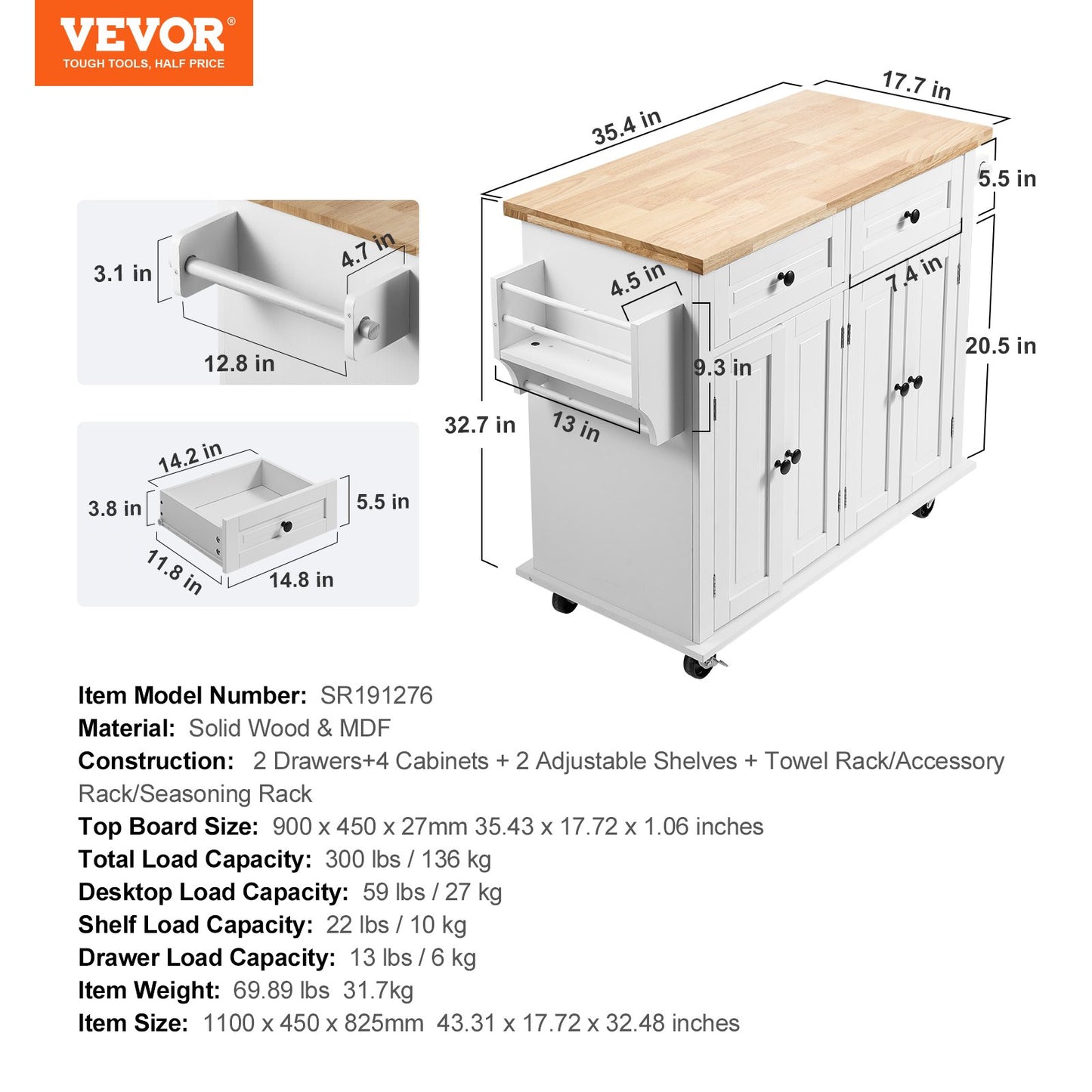 Kitchen Island Cart with Solid Wood Top, 90 cm Width Mobile Carts with Storage Cabinet, Rolling Kitchen Table with Spice Rack, Towel Rack, and Drawer, Portable Islands on Wheels, White